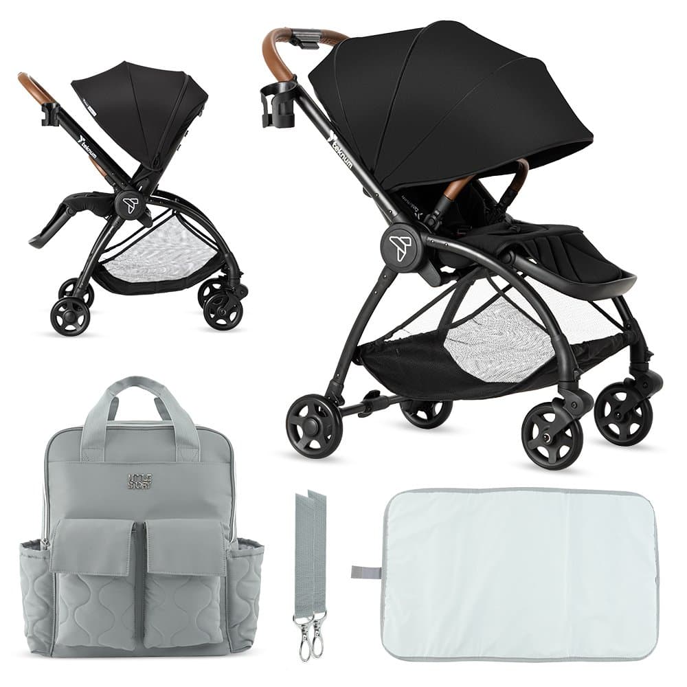 Teknum Stroll 2 Reversible Travel Stroller with Quilted Diaper Backpack - Black